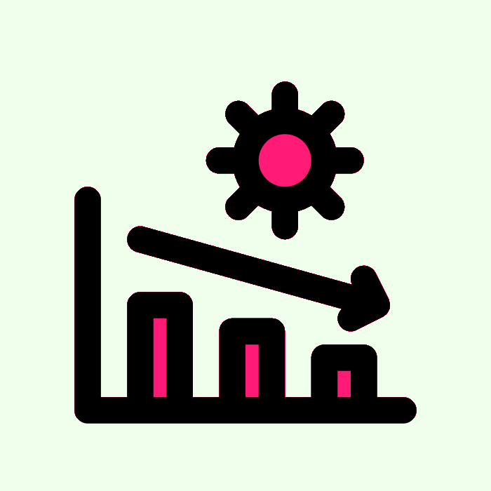 Our logo, a bold black bar graph outlined with red bars, and a floating "corona ball" virus particle above, and a descending trend line. Set against light green.